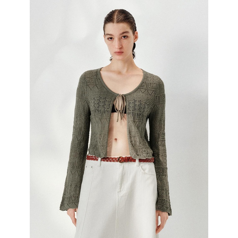 Flare Sleeve Tied Knitted Cardigans Grey XS
