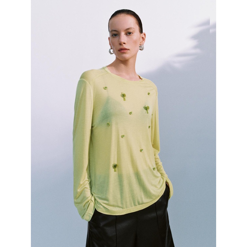 Long Sleeve Printed Thin T-Shirts Green XS