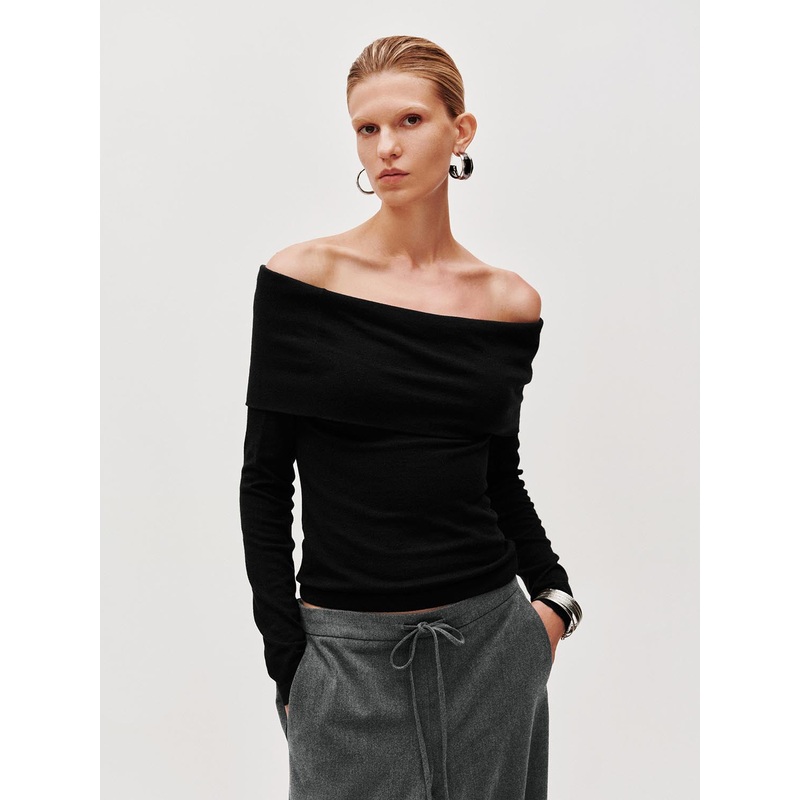 Off-the-Shoulder Knitted T-Shirts Green XS