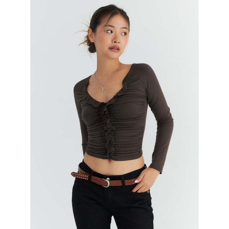 Ruffled U-Neck Crop Top CO313 Dark brown S/M