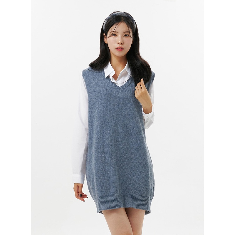 V-Neck Sleeveless Sweater Dress OO312 Blue S/M