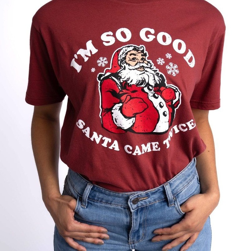 Women’s Santa Came Twice Boyfriend Fit T-Shirt – Red Plum Small