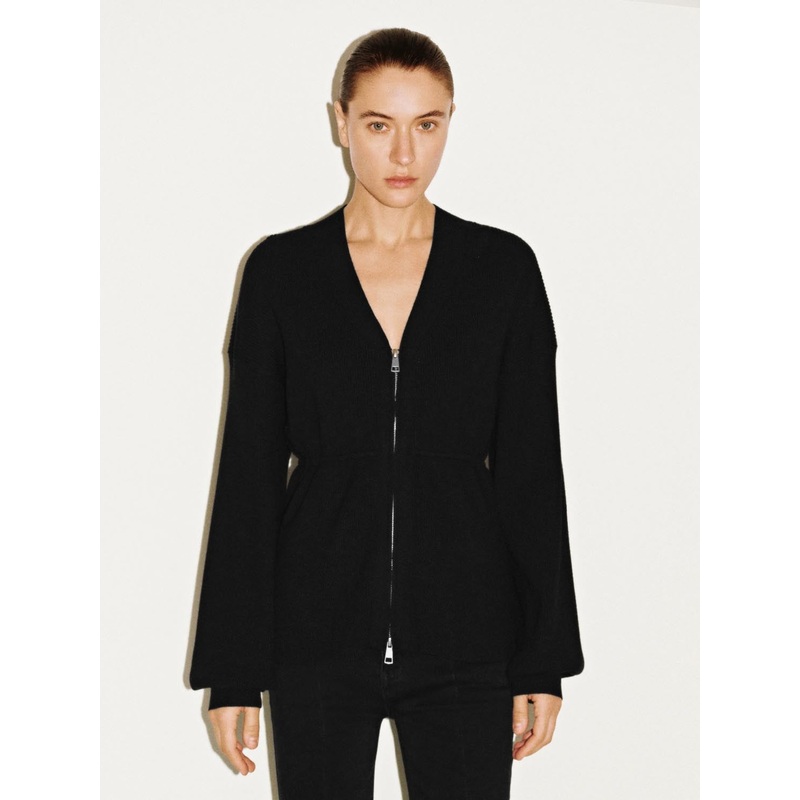 Zip Up Balloon Sleeve Knitted Cardigans Black XS