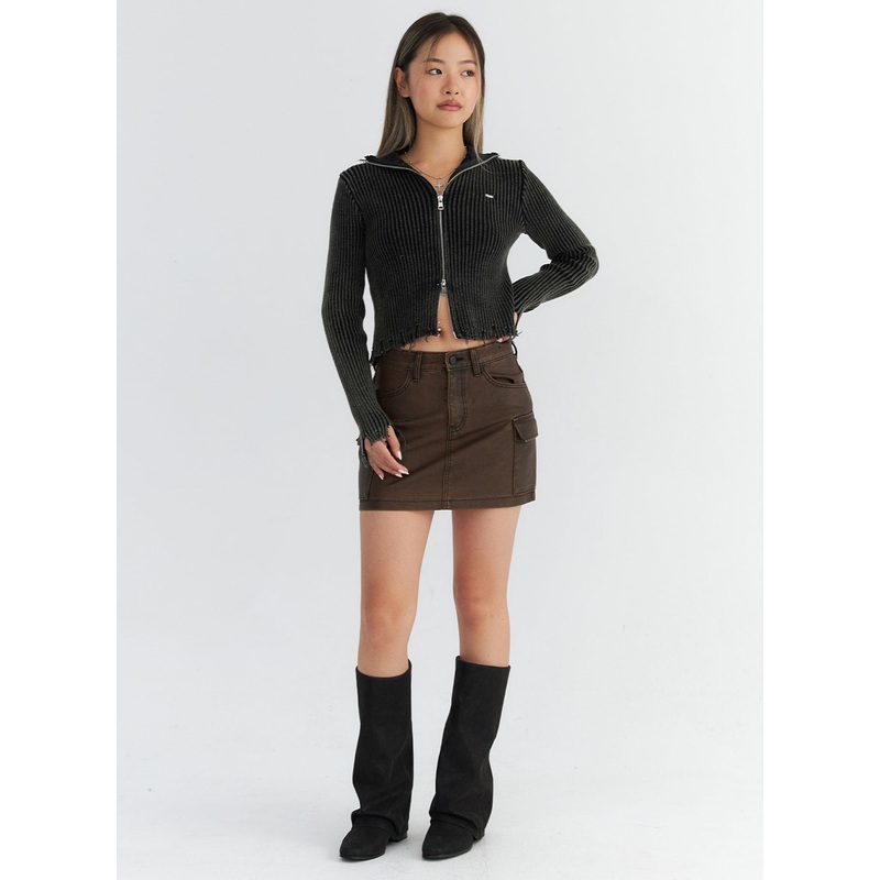 Faux Leather Cargo Mini Skirt CO310 Dark brown S