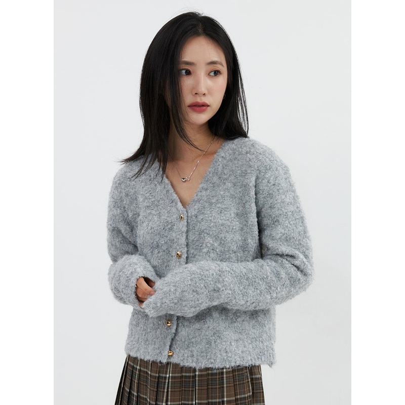 Fuzzy V-Neck Cardigan OS326 Gray S/M