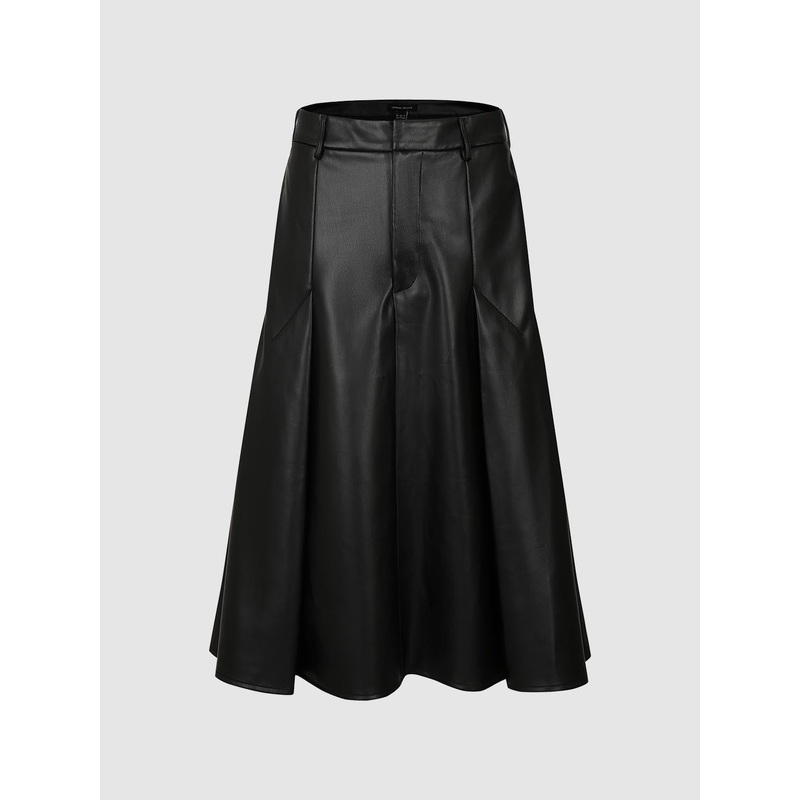 Pleated Vegan Leather A-Line Skirts Black XXS