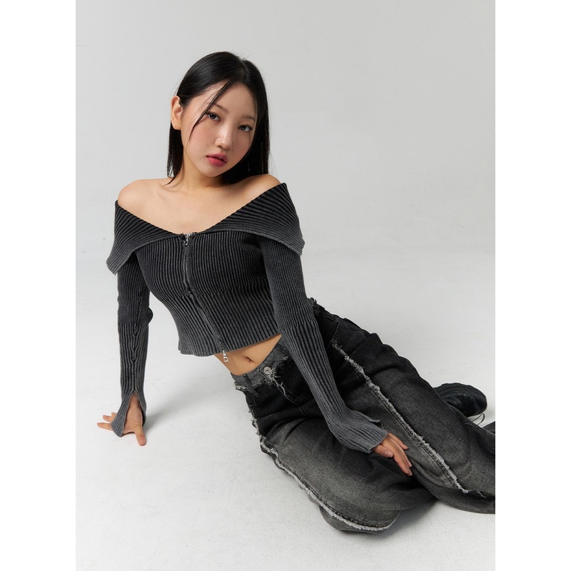 Ribbed Off-shoulder Zip-Up Sweater CS326 Black S/M