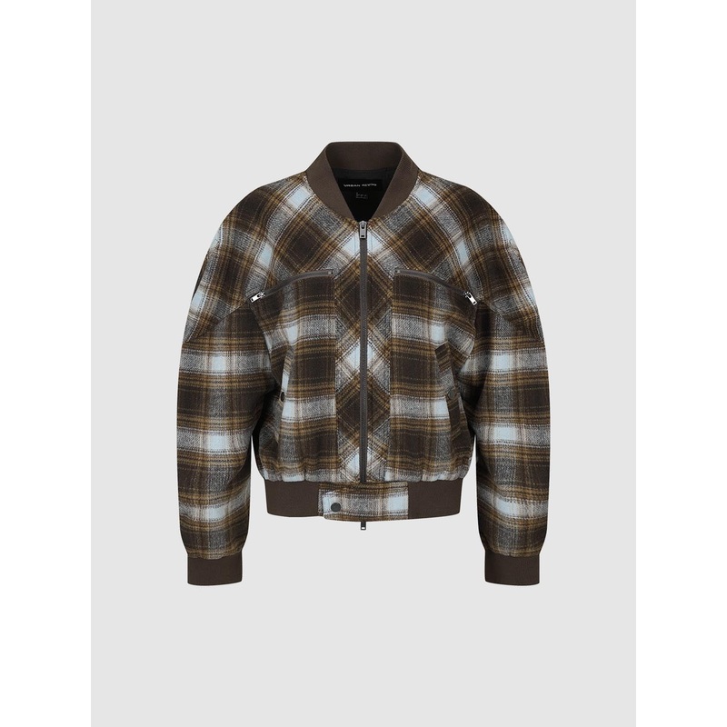 Zip Up Loose Check Wool Blend Jackets Khaki Checkered XS