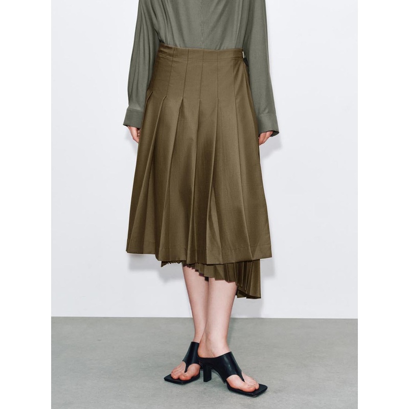 Asymmetric Pleated A-Line Midi Skirts Khaki Green XXS