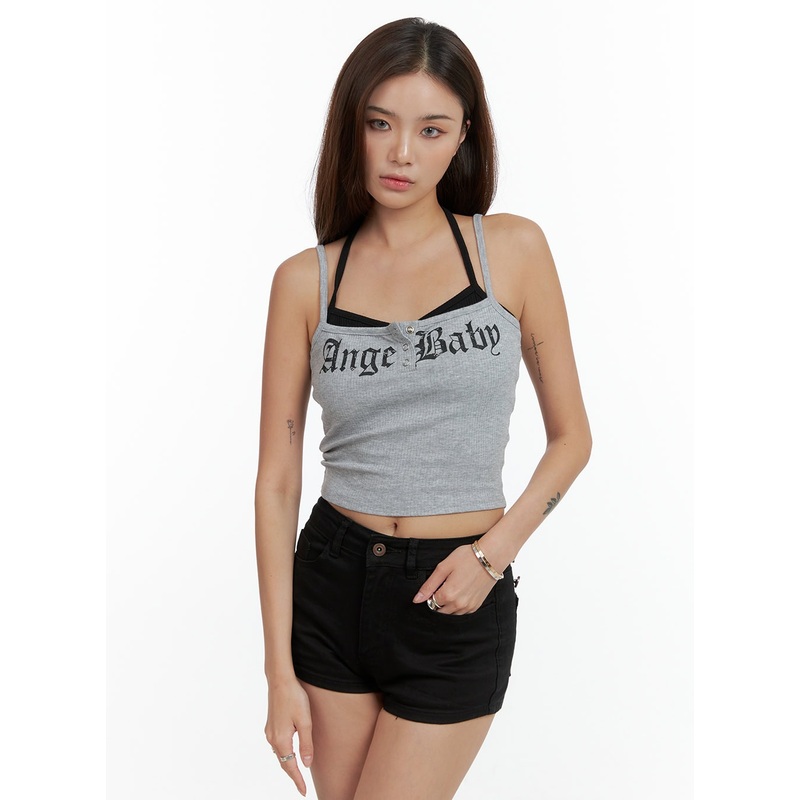 Layered Halter Crop Tank Top CL404 Gray S/M