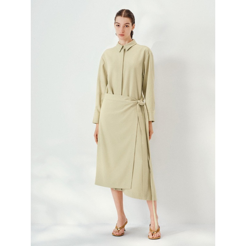 Long Sleeve Straight Midi Dresses Khaki Green XS