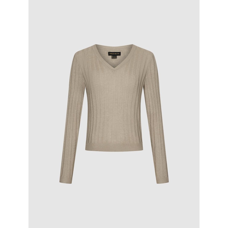 Rib Knit V-Neck Long Sleeve T-Shirts Brown XS