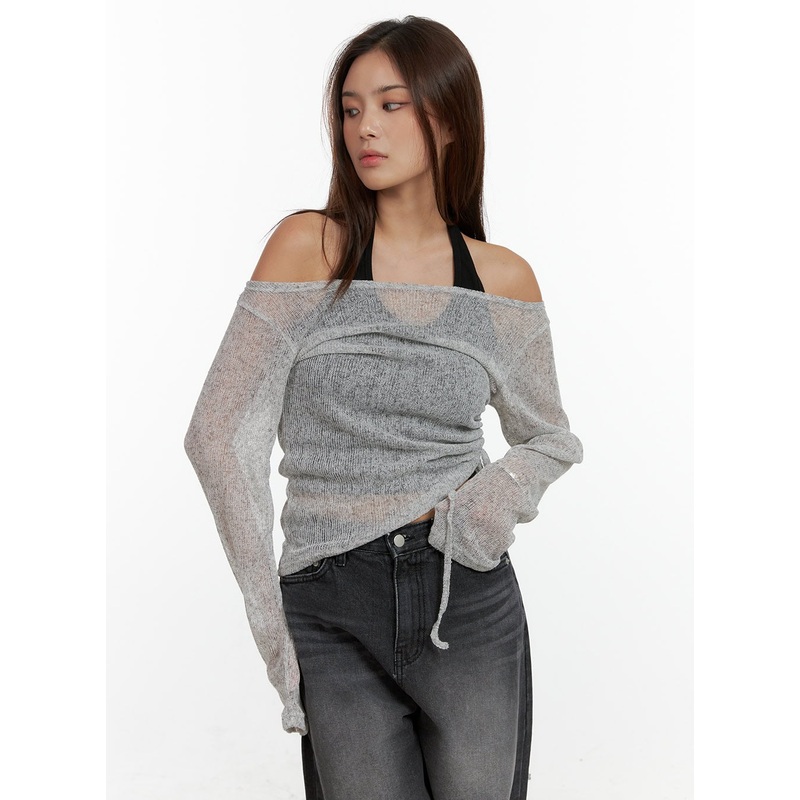 See-Through Off Shoulder Long Sleeve Top CL404 Gray S/M