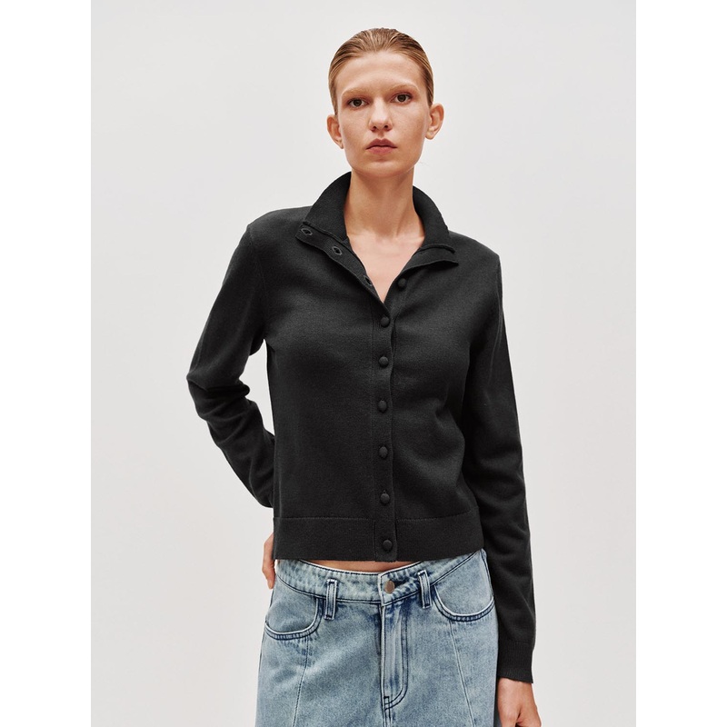 Stand Collar Button Up Knitted Cardigans Dark Grey XS