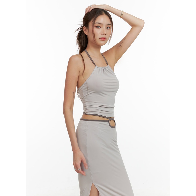 Contrasting Halter Strap Crop Top CL405 Beige S/M