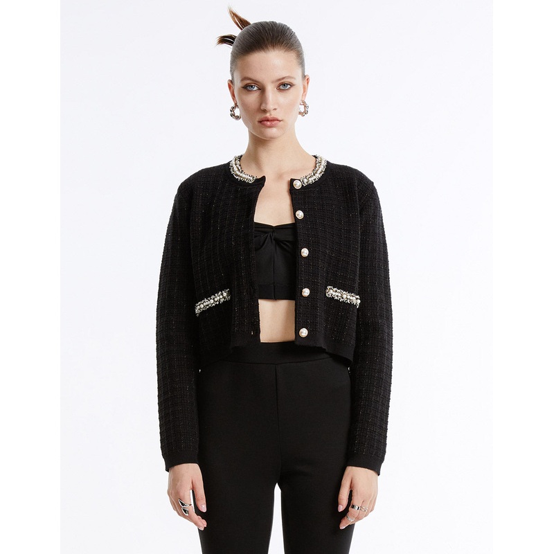 Faux Pearl Decor Tweed Knitted Cardigan Black Checkered XS