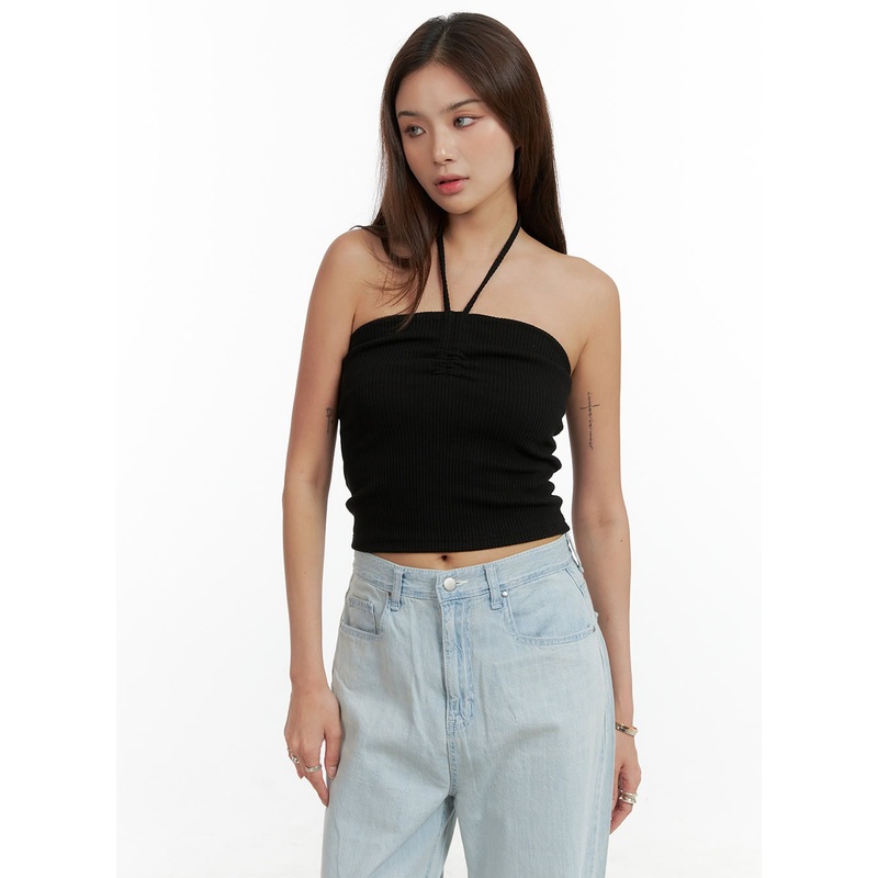 Shirred Halter Neck Crop Tube Top CL404 Black S/M