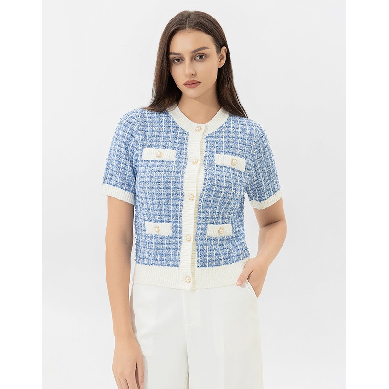 Crew Neck Knitted Cardigan Blue XS