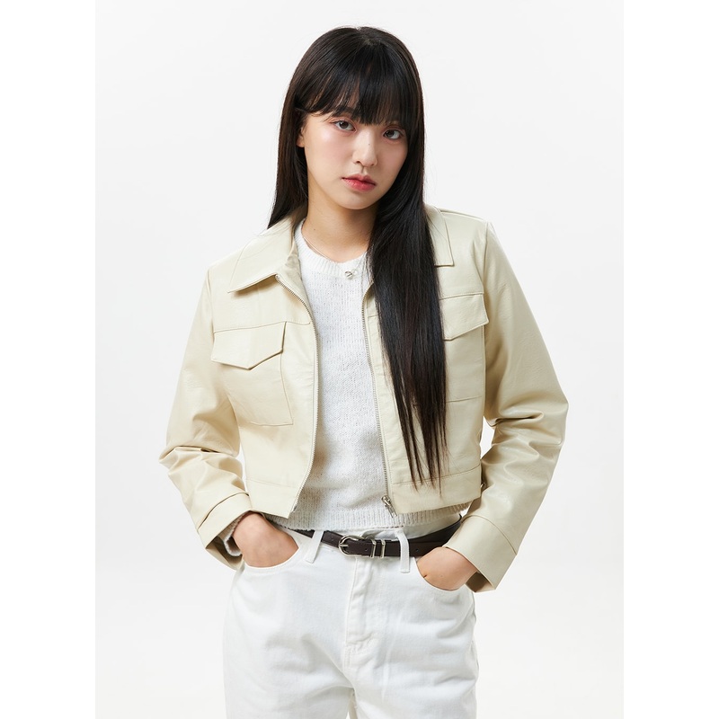 Faux Leather Collar Jacket OS305 Light beige S/M
