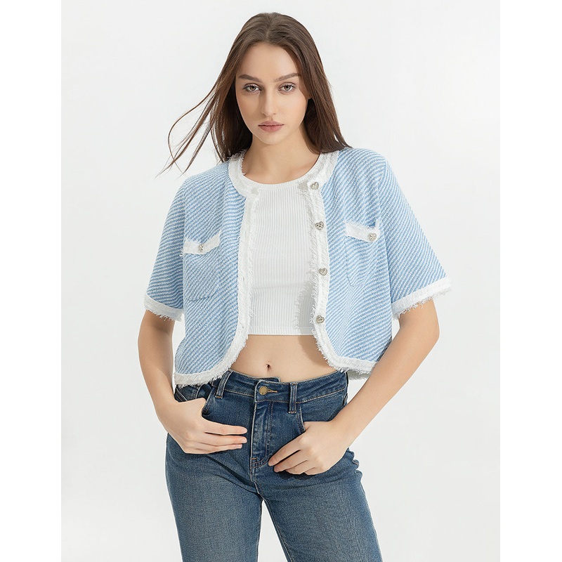 Raw Hem Crew Neck Knitted Cardigan Blue XS