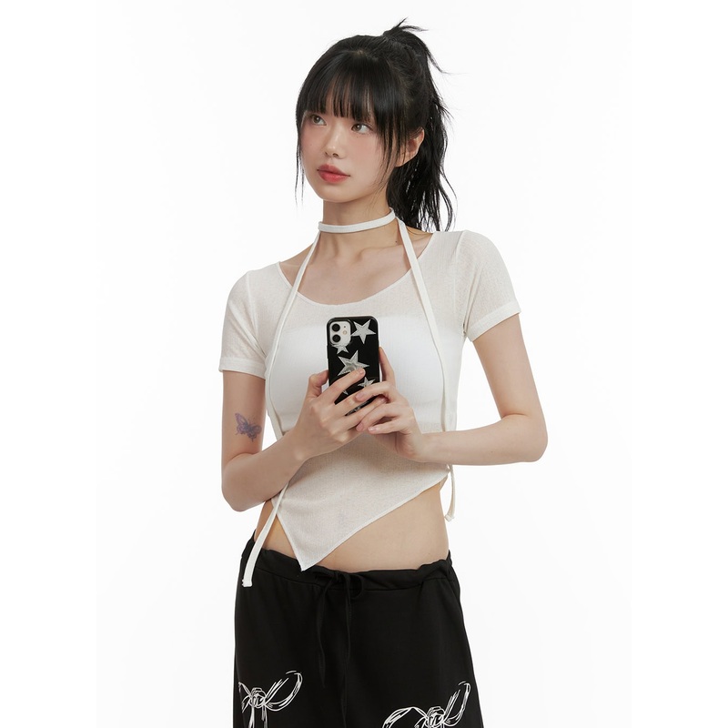Sheer Chic Crop Top with Thin Scarf CU410 White S/M