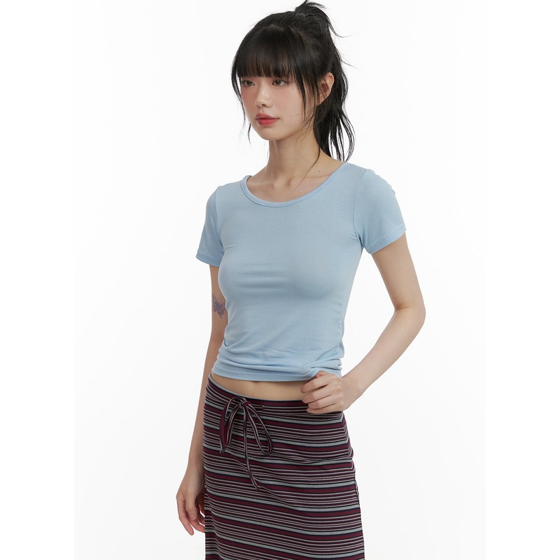 Solid Round Neck Crop Top CU410 Light blue S/M
