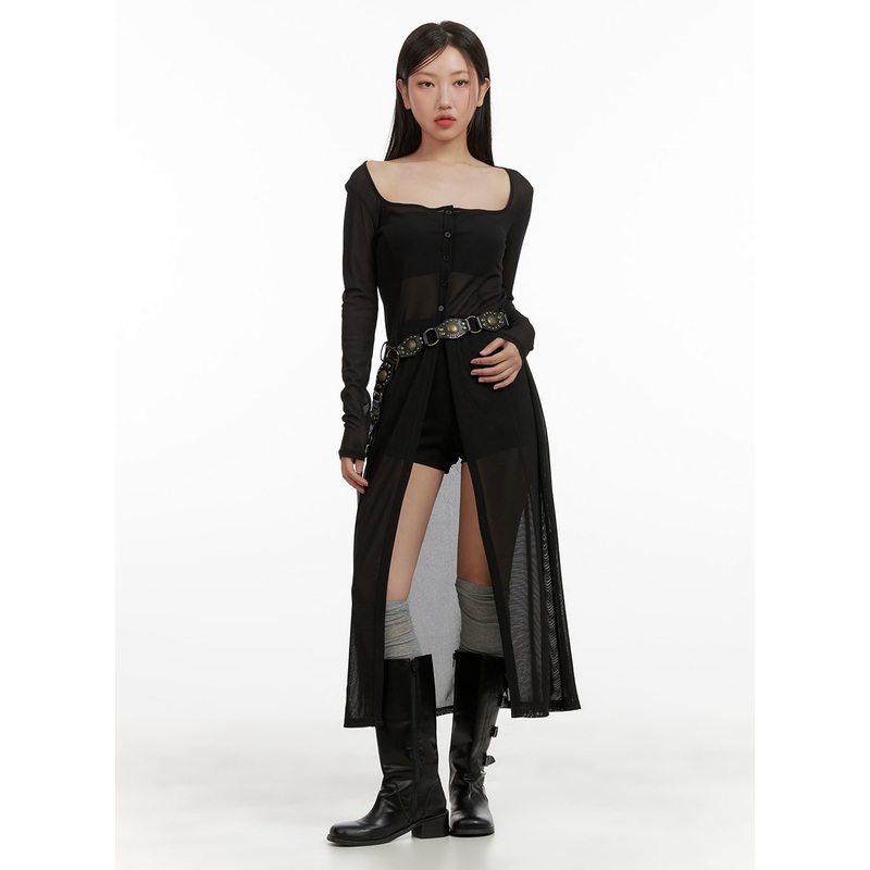 Square Neck Sheer Cardigan CU407 Black S/M