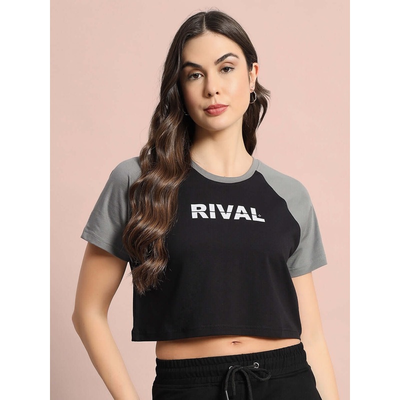 WOMEN RIVAL RAGLAN CROP-TOP BLACK GREY XS