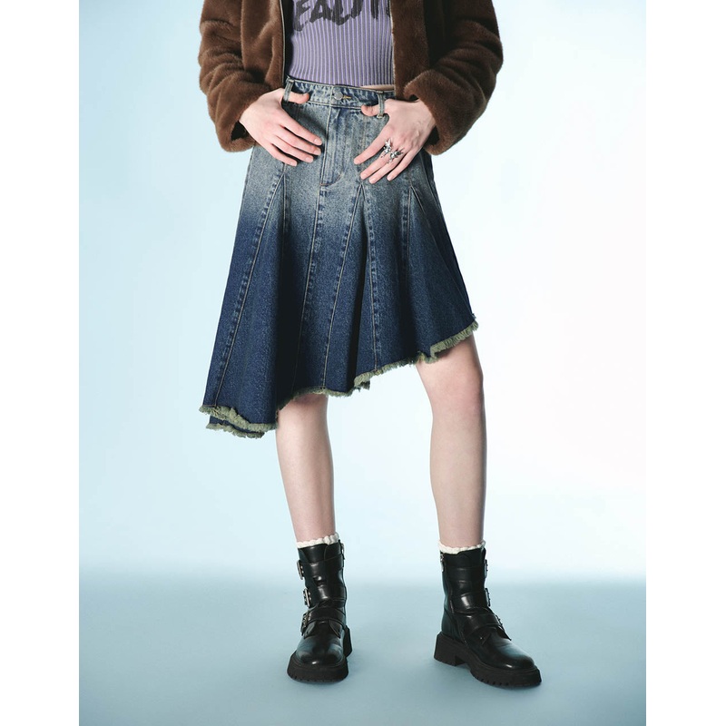 Gradient Midi Fishtail Denim Skirt Blue XXS