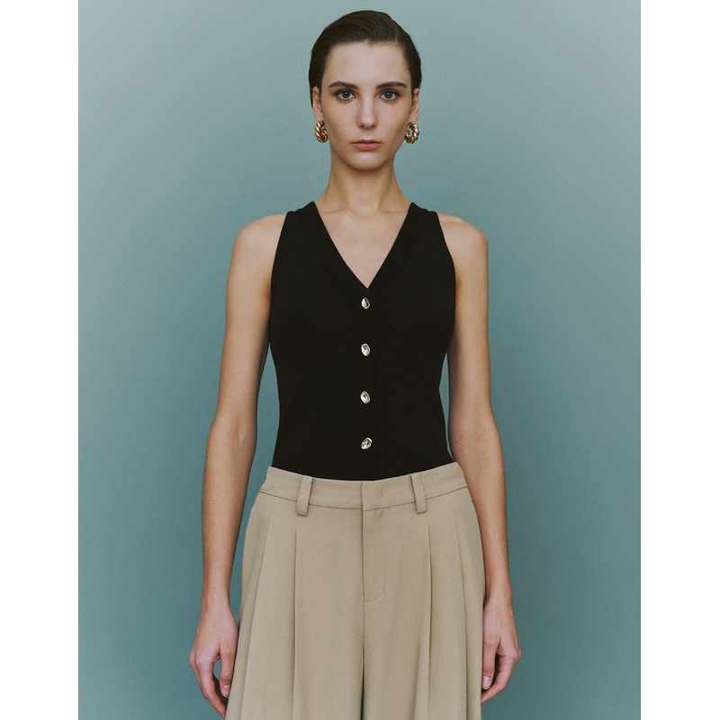 V-Neck Straight Knitted Waistcoat Black XS