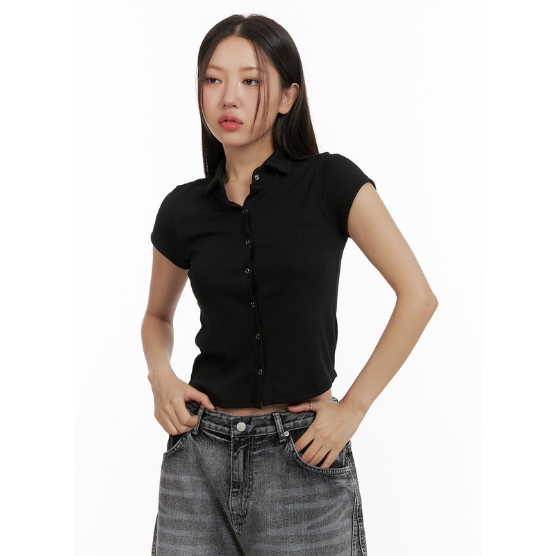Buttoned Collar Crop Tee CU405 Black S/M