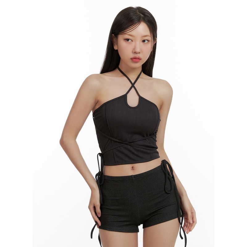 Halter Strap Denim Tank Top CU407 Black S/M