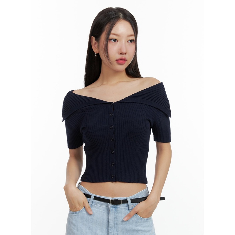 Off-Shoulder Ribbed Top OU407 Dark blue S/M