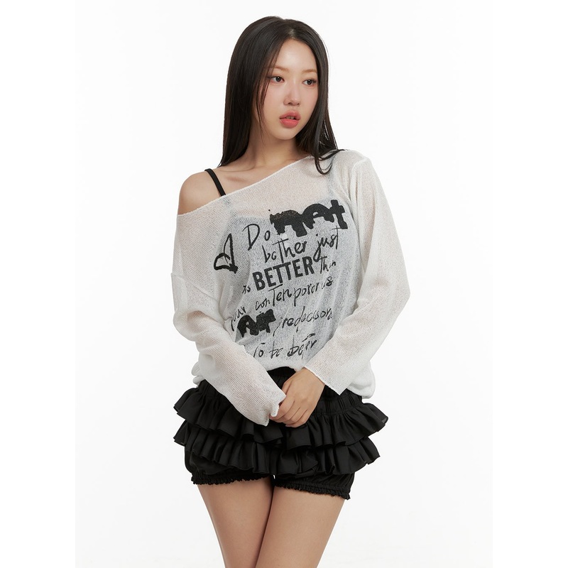 Sheer Graphic One-Shoulder Summer Sweater CU404 Light beige S/M