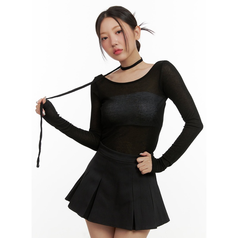 Sheer U-Neck Top with Scarf OU403 Black S/M