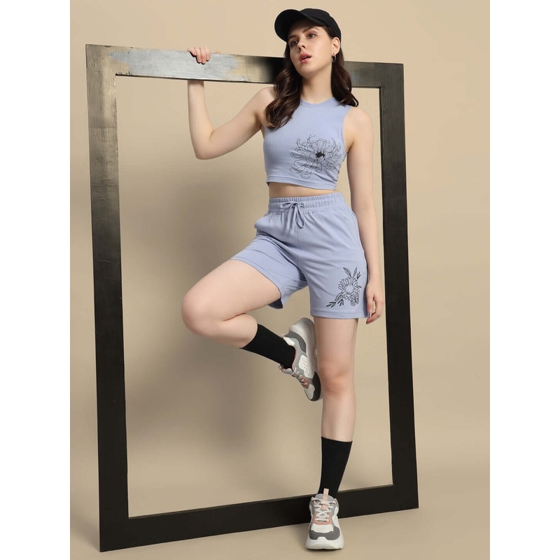 WOMEN FLORET CO-ORD SET WITH PRINT STEEL BLUE XS