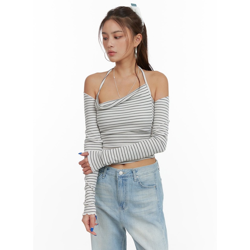 Striped Halter Top Bolero Cardigan Set CY431 White S/M