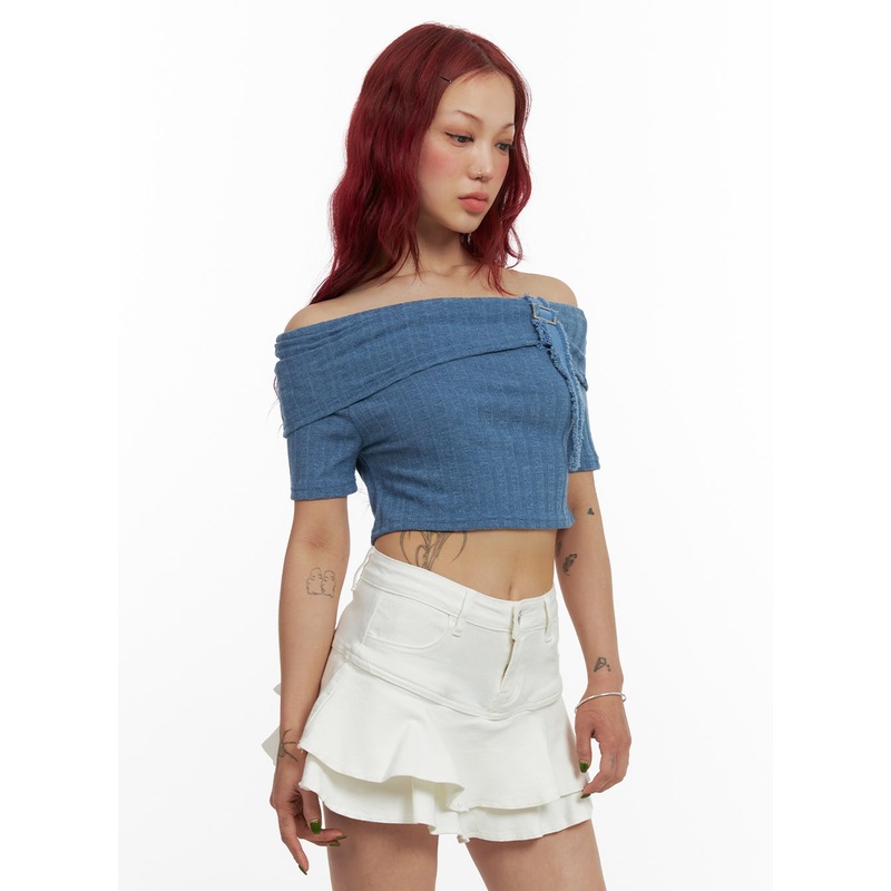 Denim Detail Off Shoulder Crop Top CY430 Blue S/M
