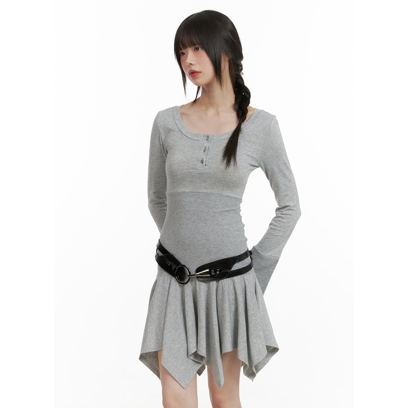 Scoop Neck Buttoned Mini Dress CY428 Gray S/M