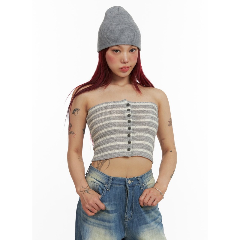 Stripe Buttoned Tube Top CY429 Gray S/M