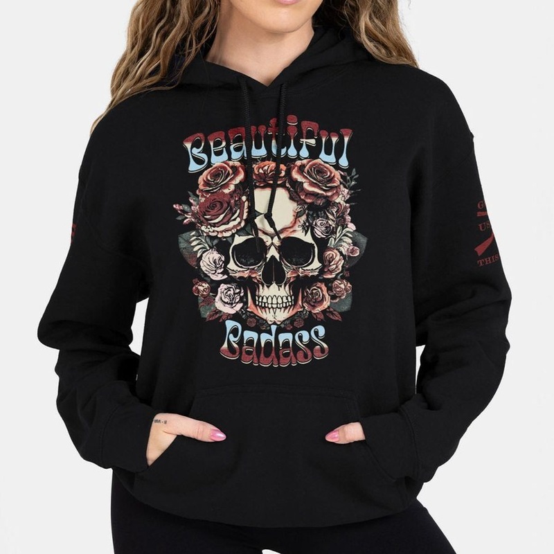 Women’s Beautiful Badass Floral Hoodie – Black Small
