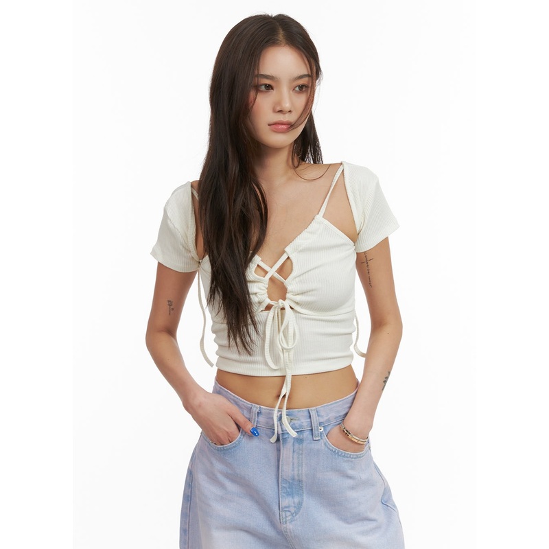 Cut-Out Short Sleeve Crop Top CY424 Light beige S/M