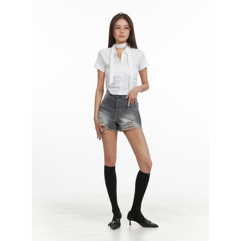 Denim Distressed Washed Shorts CY424 Gray S