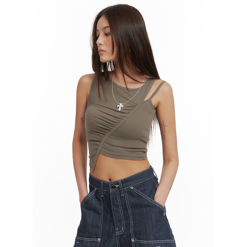 Shirred Crop Sleeveless Top CY424 Brown S/M