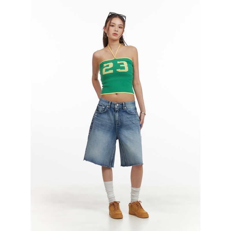 Washed Wide Leg Jorts CY424 Blue S