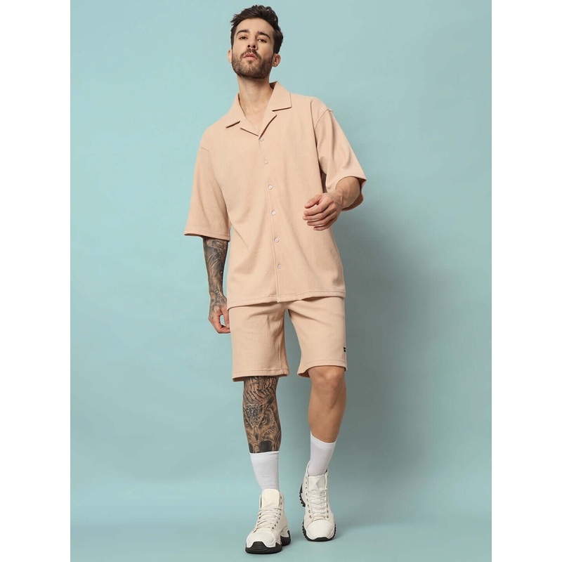 WAFFLE SOLID RESORT SHIRT CO-ORD SET BEIGE XS