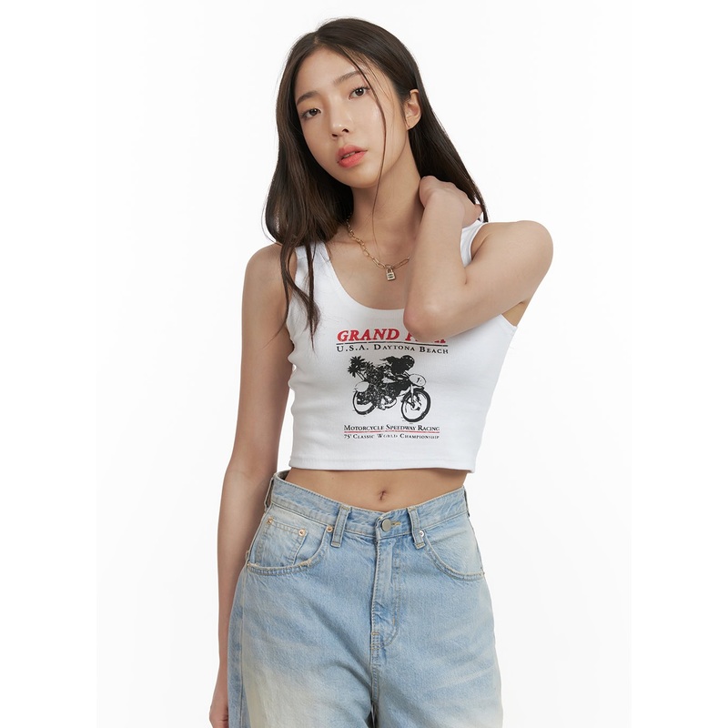 Graphic Cropped Tank Top CY417 Light beige S/M