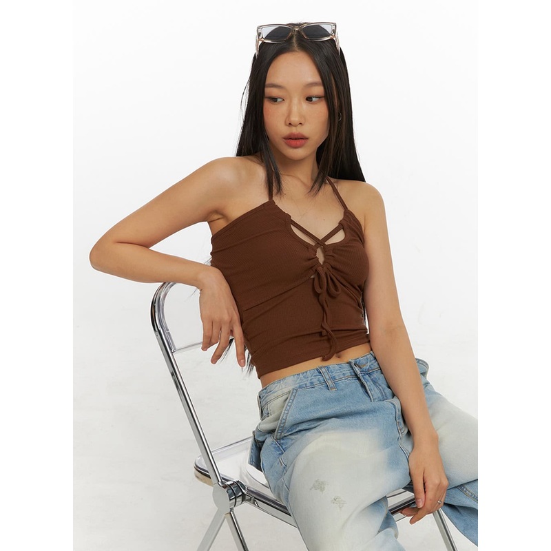 Halter Neck Shirred Crop Cami Top IY422 Brown S/M