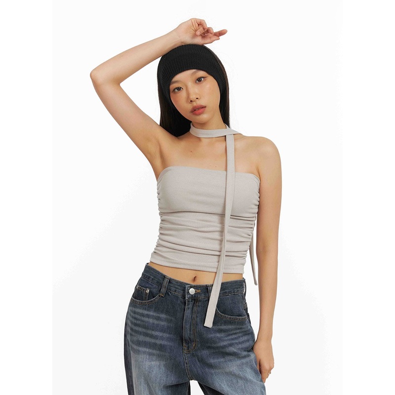 Shirred Tube Top with Scarf Set IY422 Beige S/M