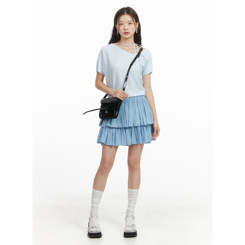 Solid Ruched Ruffle Hem Mini Skirt OY421 Light blue S/M